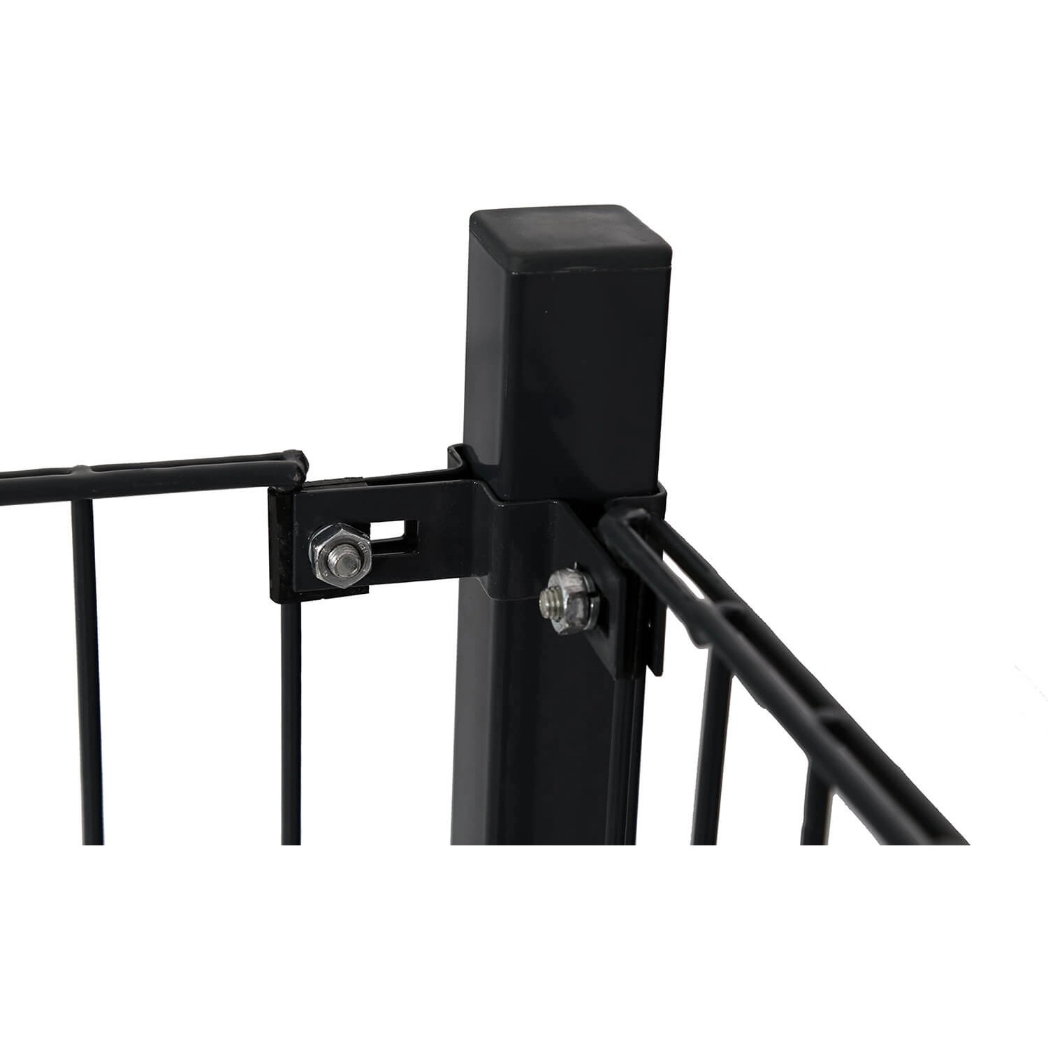 Detailaufnahme: Anthrazitfarbener Doppelstabmattenzaun mit Pfosten und Befestigung.