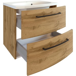 Held Möbel Waschtisch Florenz, 60 cm, Wotaneiche mit zwei Auszügen und Mineralgussbecken.