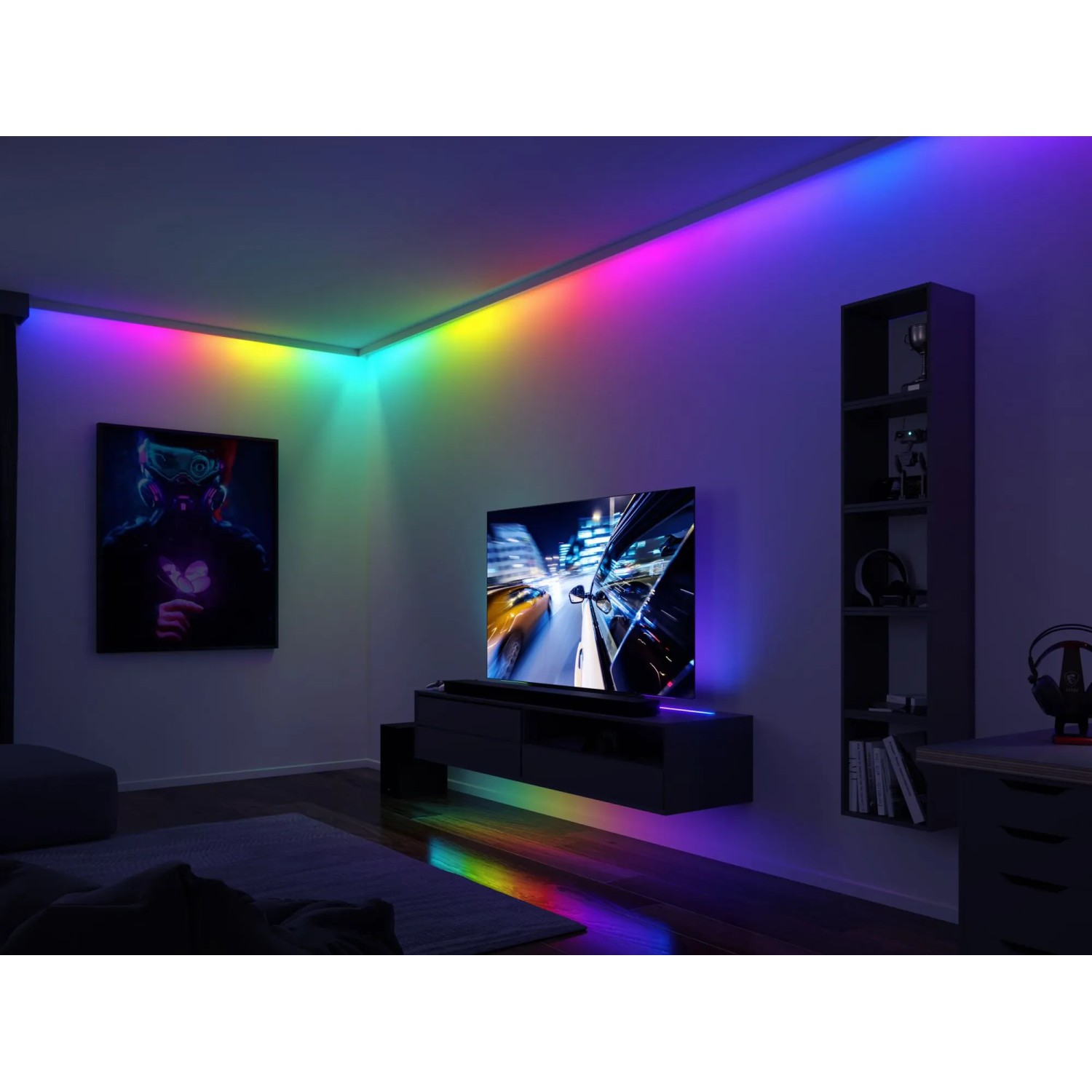 Paulmann LED-Strip EntertainLED Set 5 m im Wohnzimmer mit dynamischer RGB-Beleuchtung.