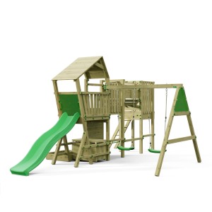 Holz-Spieltum Funky Combo KINGSIZE mit Rutsche, Schaukeln, Kletterwand und Sandkasten.