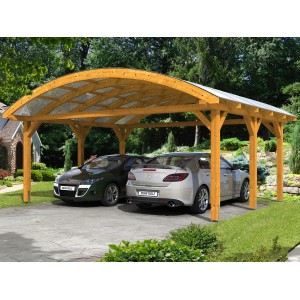 Skan Holz Doppelcarport Franken, Eiche hell, mit gebogenem Dach und zwei geparkten Autos.
