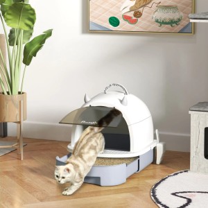 PawHut Katzenklo aus Kunststoff, weiß-grau, mit Katze beim Verlassen. Geschlossenes Design, Klapptür, Streu-Rückhaltung.