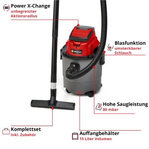 Einhell Akku-Nass-Trockensauger TC-VC 18/15 Li-Solo: Nasssauger mit Zubehör und 15 l Behälter.