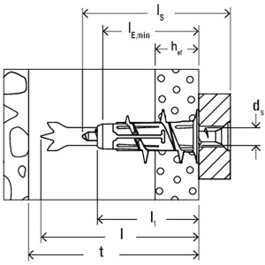 Skizze: Fischer Duoblade Gipskartondübel mit Schraube in Wand, Maße eingezeichnet.