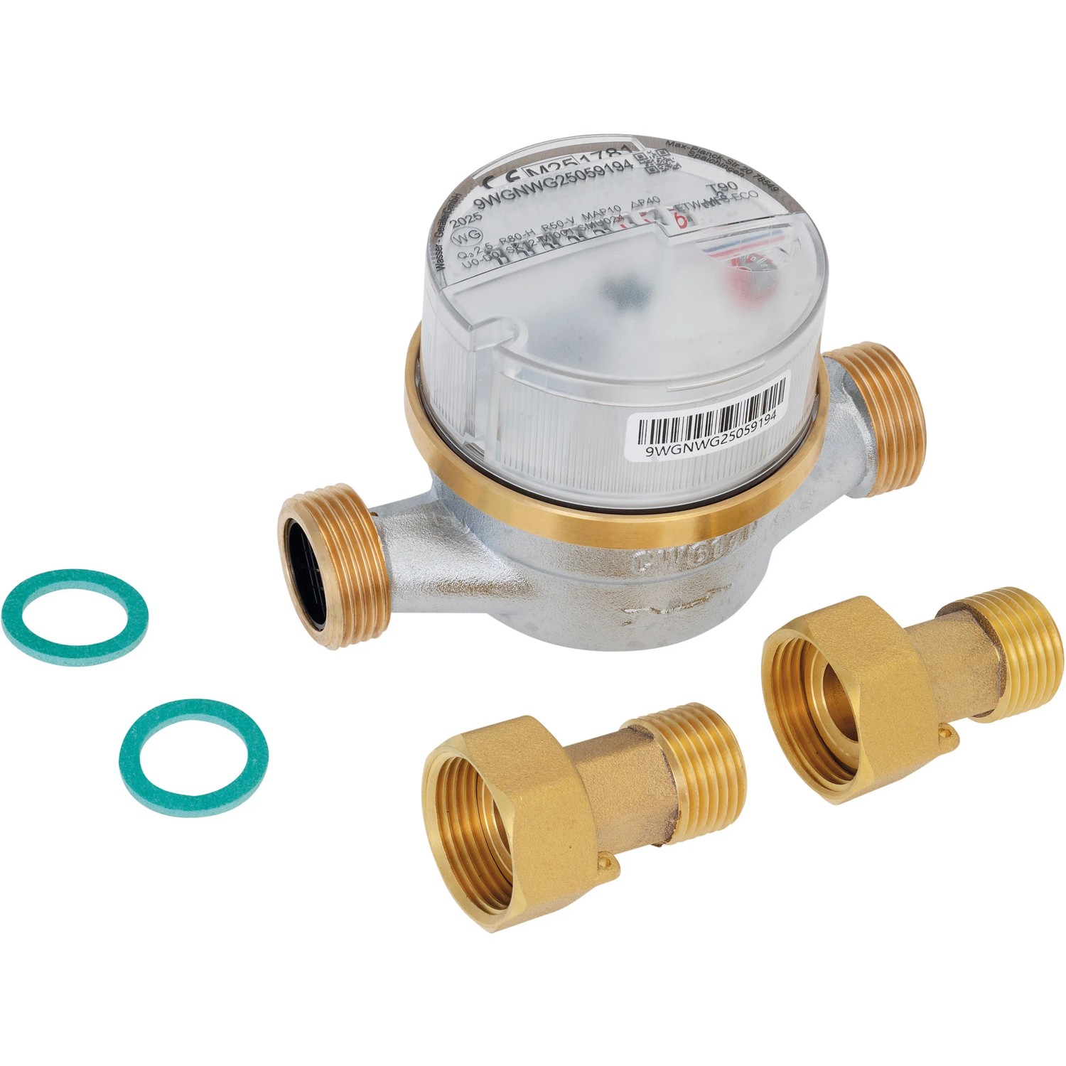 Wasserzähler für Kalt- und Warmwasser, 1/2 Zoll, R80, 110 mm, mit Anschlüssen und Dichtungen.