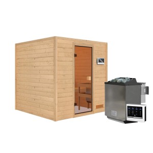 Karibu Sauna Jara Set: Massivholzsauna mit Ofen und externer Steuerung.