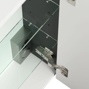 Innenansicht des Posseik Spiegelschranks: Grafitkorpus, Glasböden, Soft-Close Scharnier und Kombibox.