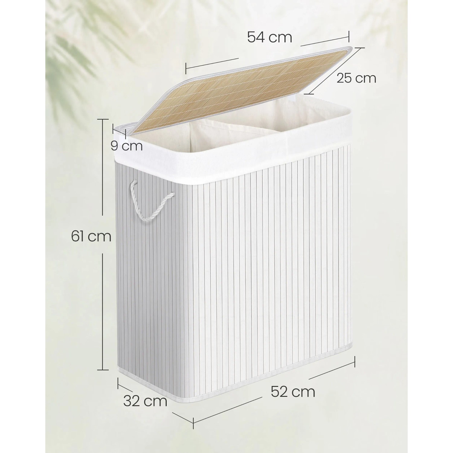 Weißer Songmics Wäschesammler Ronex mit 2 Fächern und Bambusdeckel, 100 l Fassungsvermögen.