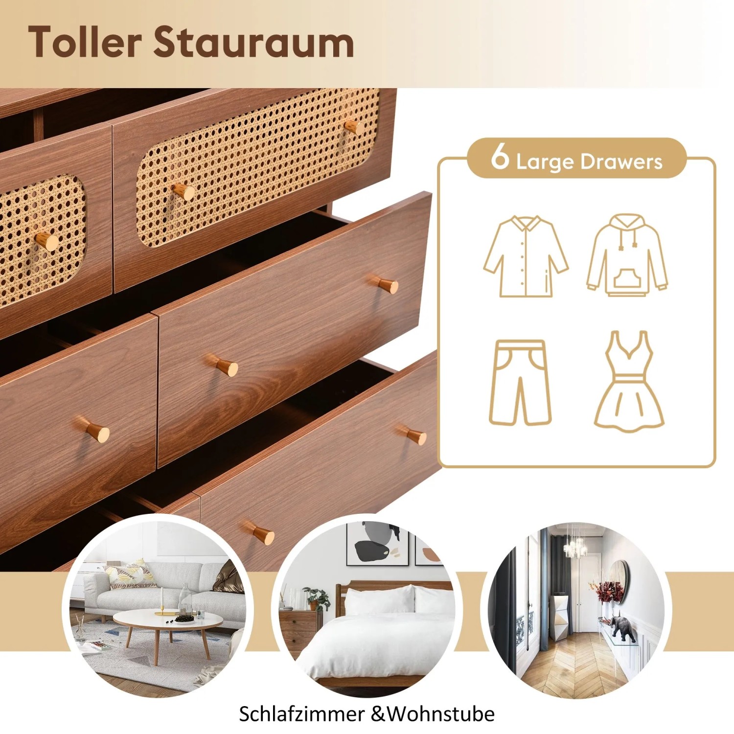 okwish Kommode mit Schubladen Rattan Sideboard Schlafzimmer Wohnzimmer 90x120x40cm Nussbaum_7
