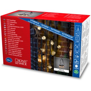 Konstsmide LED Biergartenkette mit 10 tropfenförmigen Leuchtmitteln, warmweiß, für Außen, Produktverpackung.