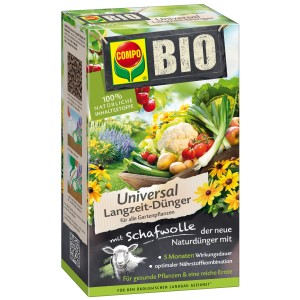 Packung Compo Bio Universal Langzeit-Dünger mit Schafwolle, geeignet für alle Gartenpflanzen.