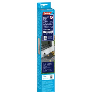Verpackung der tesa® Insect Stop Edelstahl Lichtschachtabdeckung, Insektenschutz für Kellerschächte.
