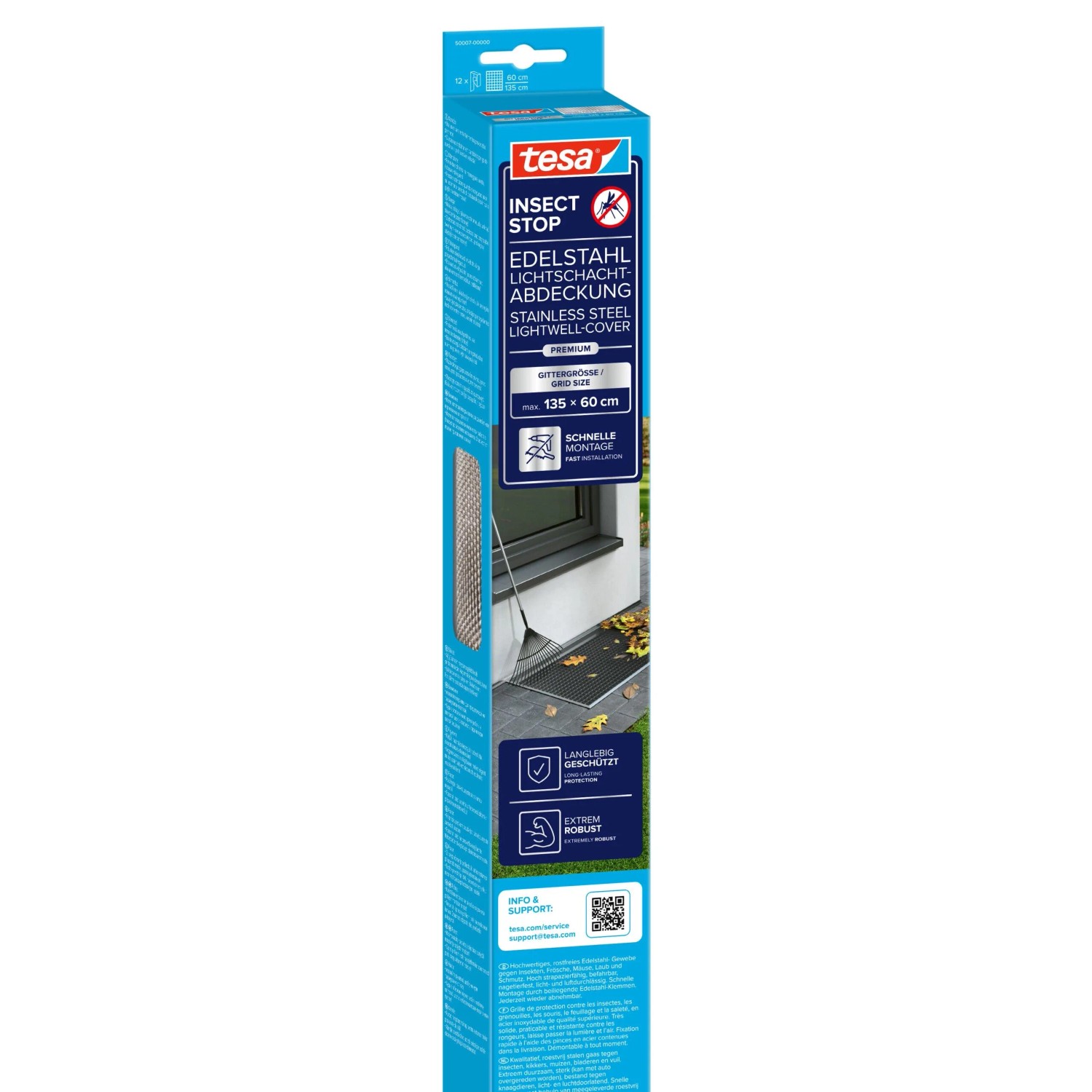 Verpackung der tesa® Insect Stop Edelstahl Lichtschachtabdeckung, Insektenschutz für Kellerschächte.