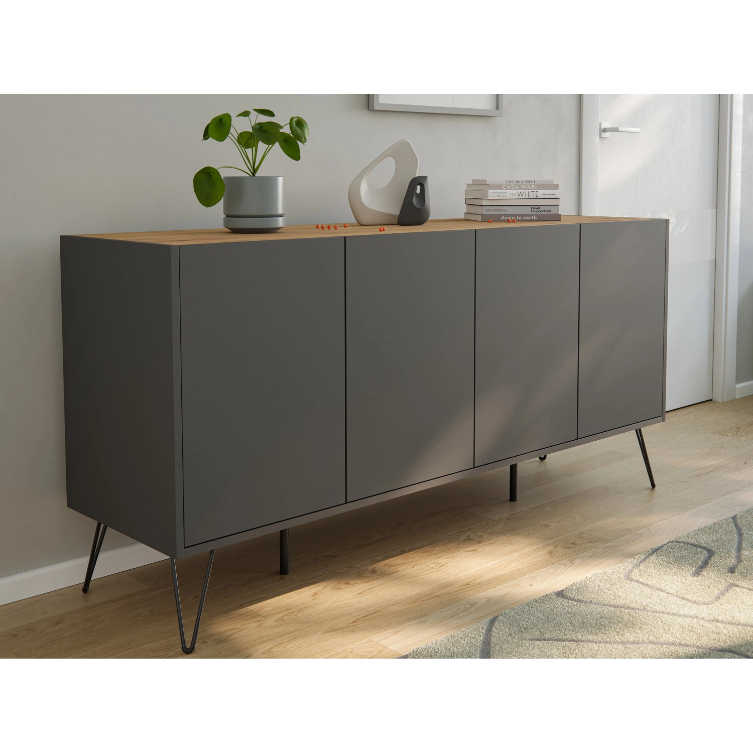 Posseik Sideboard Industrial H, stehend, mit 4 Türen, 155 cm breit, in Grafit und Eiche Top.