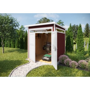 Offenes, lasiertes Weka Holz-Gartenhaus 265 mit Flachdach und Gartengeräten im Innenraum.