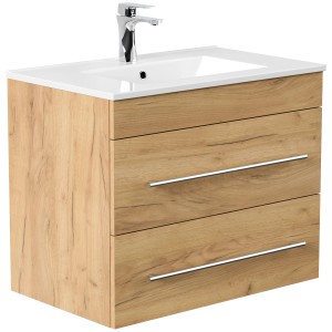 Posseik Badmöbel Set Artemis 750 in Eiche Gold mit Waschbecken und zwei Schubladen.