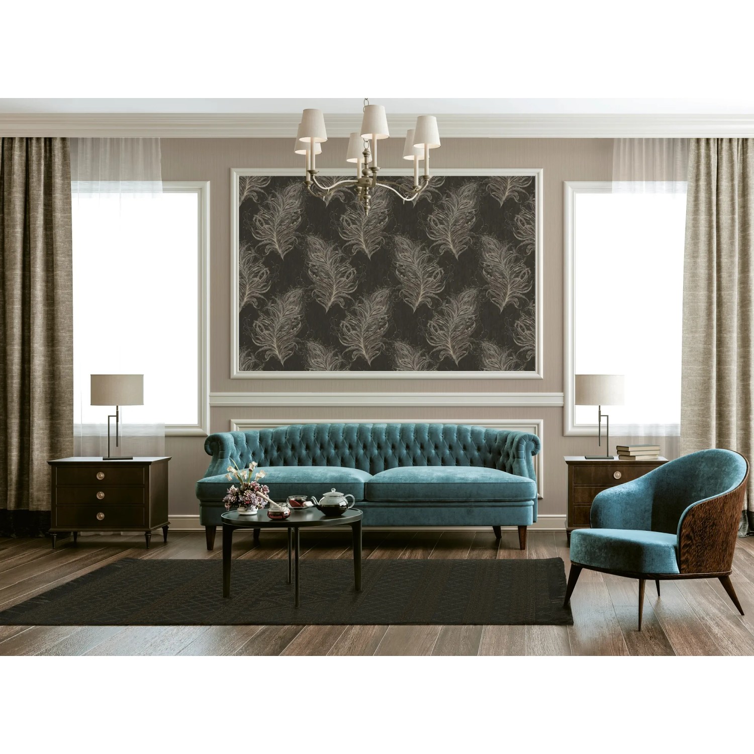 Wohnzimmer mit Vliestapete Federn in Schwarz und Gold als Wanddeko.