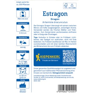 Kiepenkerl Saatgut Estragon Dragon: Packung mit Infos zu Aussaat und Ernte der Kräutersamen.