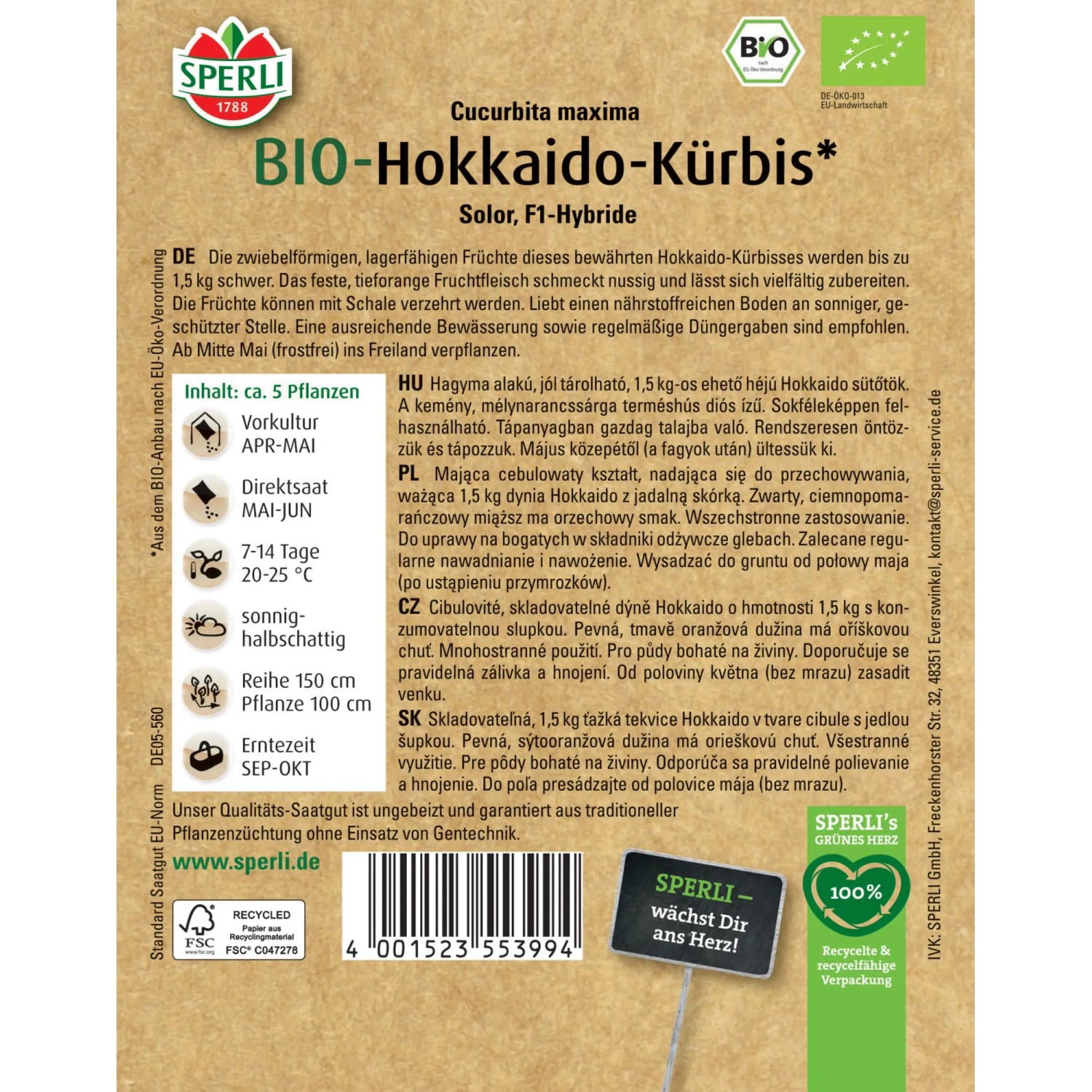 Sperli BIO Hokkaido Solor, F1 Saatgut: Verpackung mit Infos zu Anbau und Ernte des Gemüsesamens.