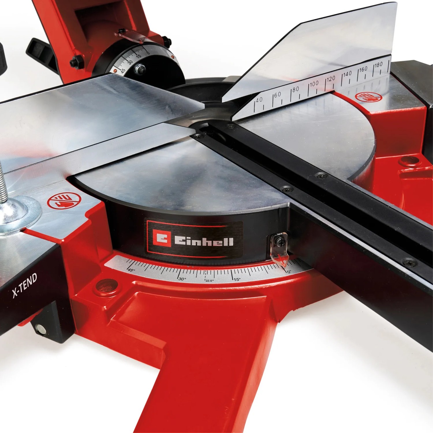 Einhell Akku-Zug-Kapp-Gehrungssäge TE-SM 36/10 L Li-Solo, Detailansicht des Sägeblatts und der Winkeleinstellung.