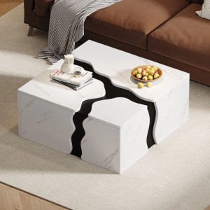 Merax Couchtisch Marmoroptik Schublade Stauraum Wohnzimmertisch 70x70x31 cm