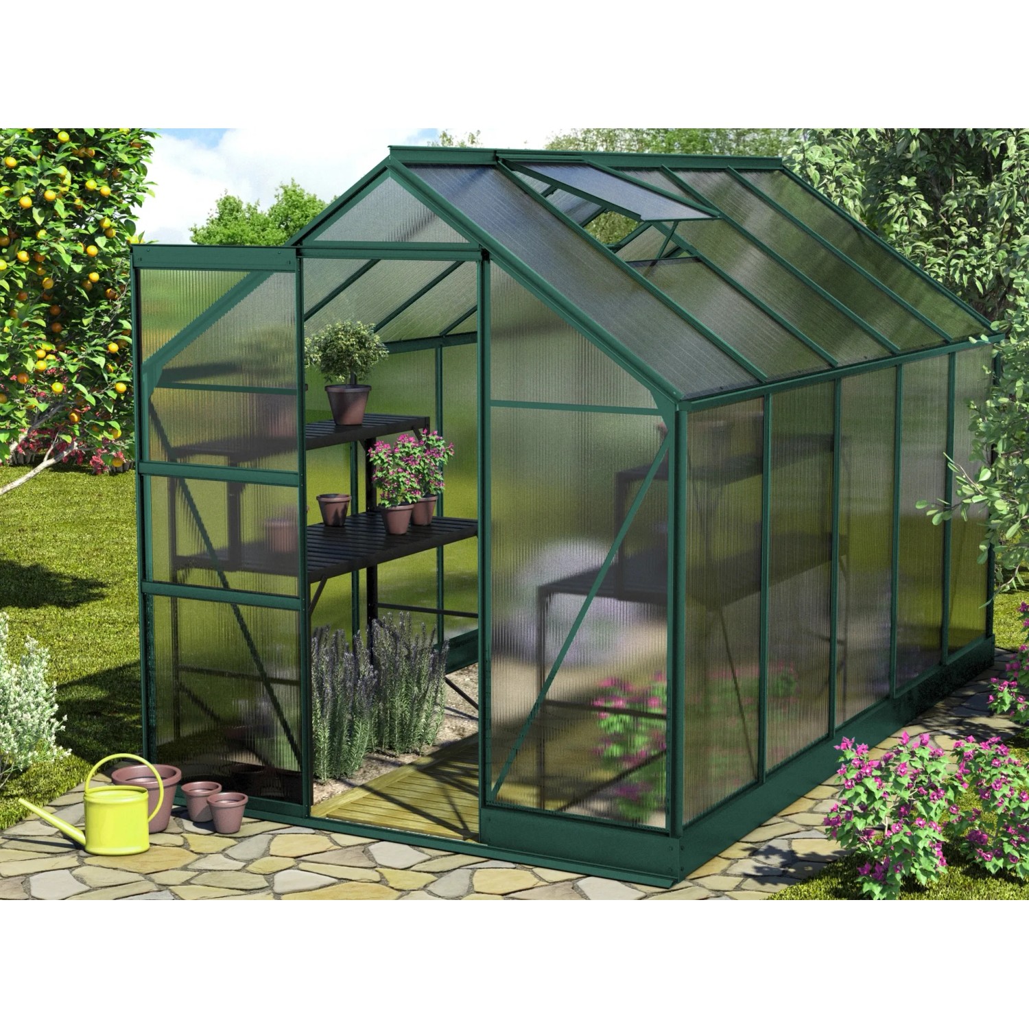 Vitavia Gewächshaus Apollo 6200 Smaragd mit Fundament, begehbar, mit Pflanzen und Regalen.