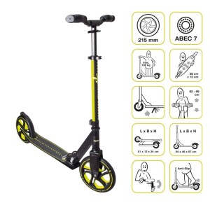 Muuwmi Aluminium Scooter Pro Tretroller, schwarz-lime, 215 mm Rollen, ABEC 7, höhenverstellbar, klappbar.