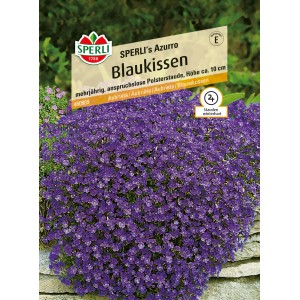 Samenpackung Sperli Blaukissen Azurro Blau, winterharte Polsterstaude mit blauen Blüten.