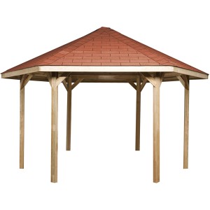 Weka Pavillon 656 Sparset Gr.2, 399x461cm, Gartenlaube aus Holz mit rotem Dach.