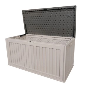 Geöffnete Westmann Gartenbox Alba, creme, 380 l. Auflagenbox aus Kunststoff, auch als Sitzbank nutzbar.