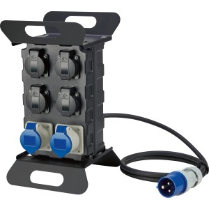 Schwarzblaue Caravan Erweiterungsbox mit 4-fach Steckdose und 2 CEE-Anschlüssen, 1,5m Kabel.