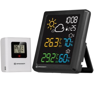 Bresser MeteoCast Pico Wetterstation in Schwarz mit Außensensor zeigt Temperatur, Luftfeuchtigkeit und Wettervorhersage.