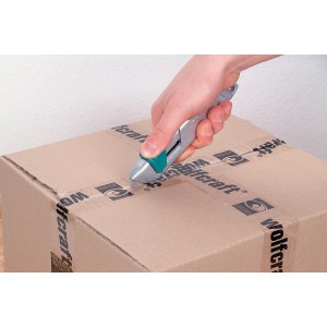 Wolfcraft Sicherheitsmesser aus Metall schneidet Karton. Trapezklingen-Messer mit automatischem Klingeneinzug.