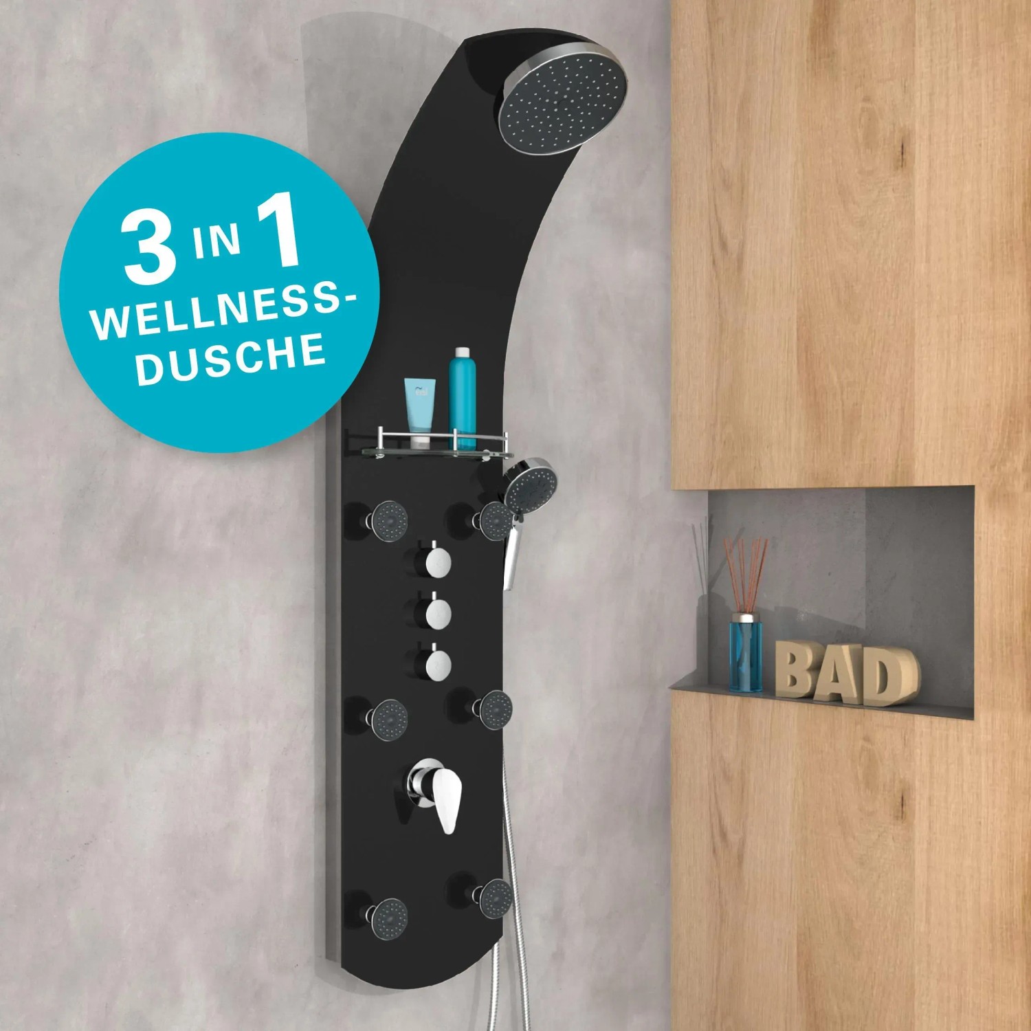 Vente-unique Massage-Duschsäule KOURBEA – 20 X 132 Cm, Schwarz, Mit Regendusche & Handbrause