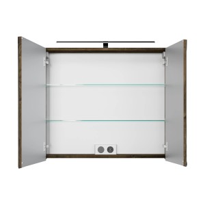 Offener Pelipal Spiegelschrank Quantum 07, Eiche Ribbeck Quer, mit LED-Leuchte und Glaseinlegeböden.