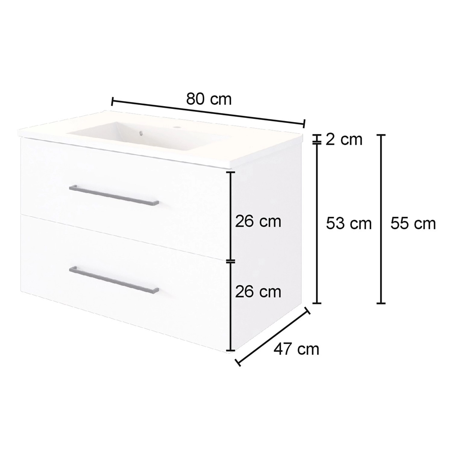 Held Möbel Waschtisch-Set Rom, 80 cm, matt Weiß, mit Maßangaben.