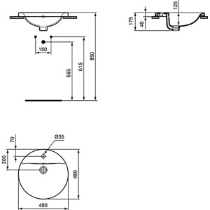 Technische Zeichnung: Ideal Standard Connect Einbauwaschtisch, Ø 48cm, 1 Hahnloch, Überlauf, Weiß. Maße und Details.