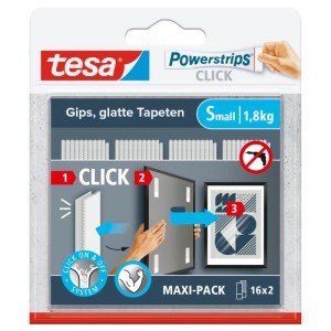 Tesa Powerstrips Click-Small Klebenägel, 16 Stück. Verpackung mit Anleitung zur Wandbefestigung von Bildern bis 1,8kg.