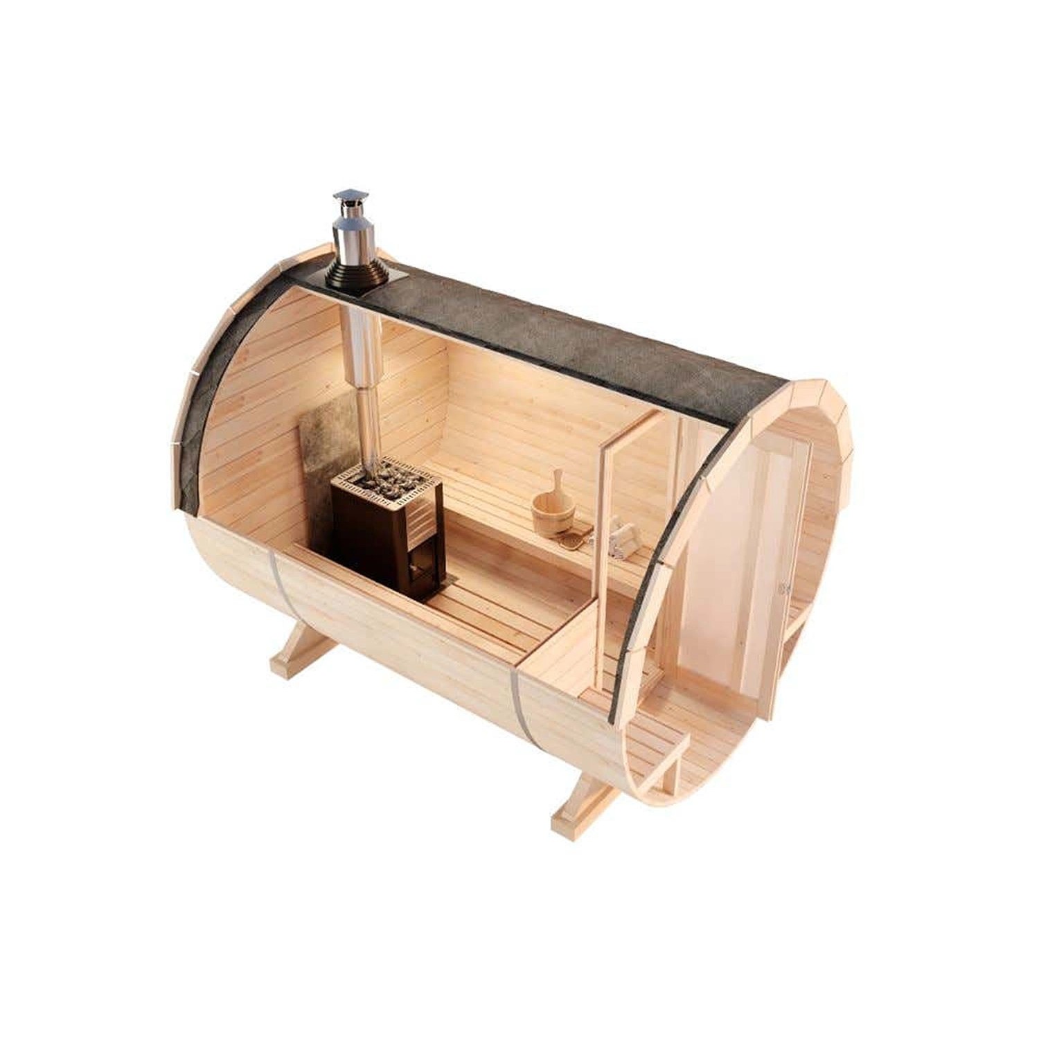 Finntherm Fasssauna Carrie, Thermoholz braun, Ø 215 cm. Saunahaus mit Ofen und Bänken.