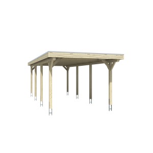 Skan Holz Einzelcarport Spessart aus Leimholz, flaches Dach mit Aluminiumplatten und acht Pfosten.
