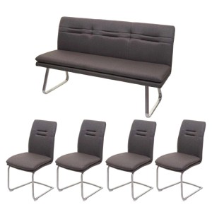 MCW Essgruppe Grau-Braun: Sitzbank und 4 Stühle mit Edelstahlgestell, 160 cm breit.