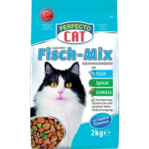 Perfecto Cat Fischmix 2kg: Trockenfutter für Katzen mit Fisch, Gemüse und Spinat.