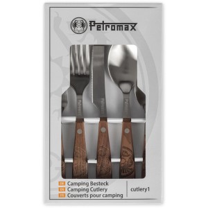Petromax Camping Besteck, 5-teilig, Edelstahl mit Holzgriffen im Karton.