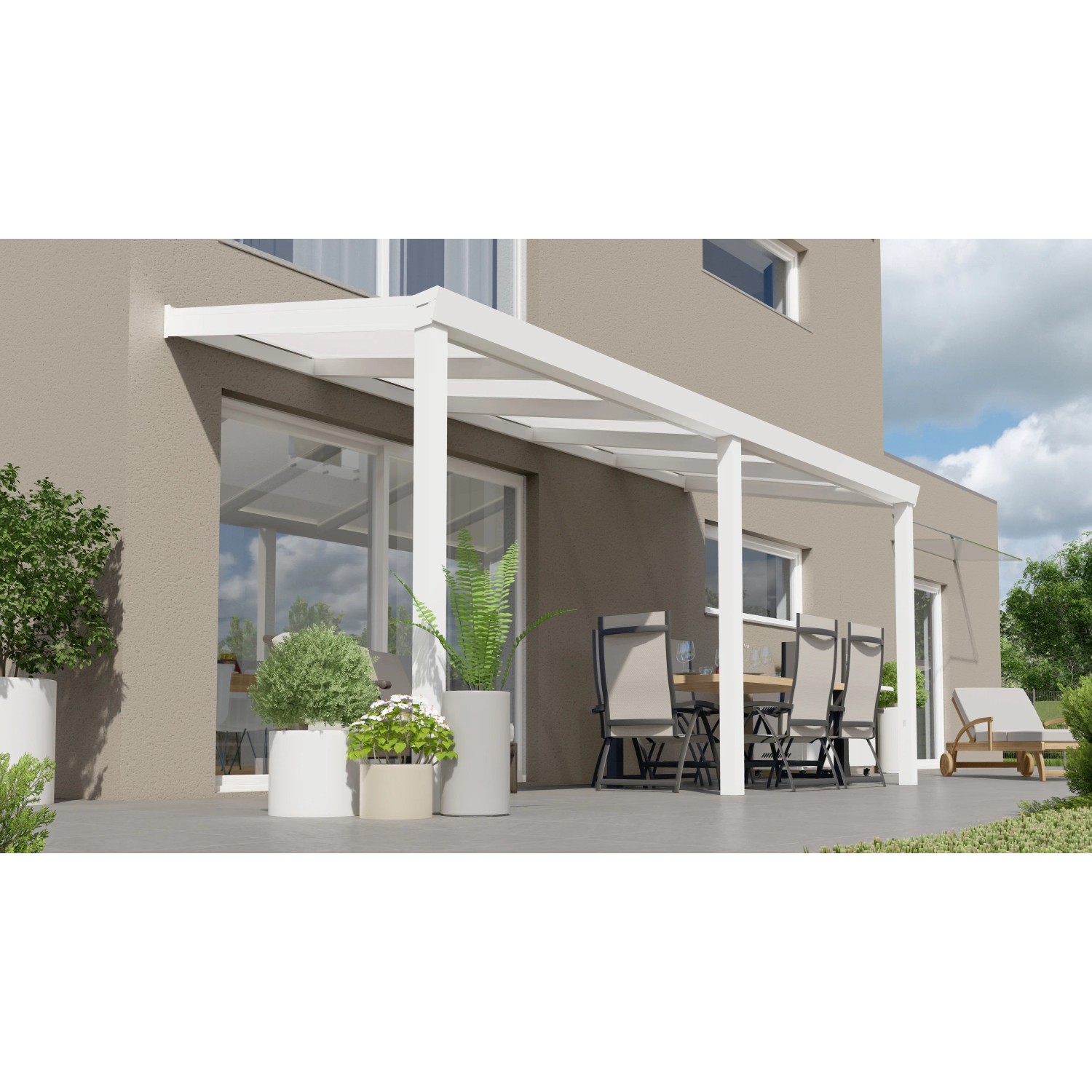 Weiße Terrassenüberdachung Professional (500x200cm) mit opalen Polycarbonatplatten. Inkl. Regenablauf.