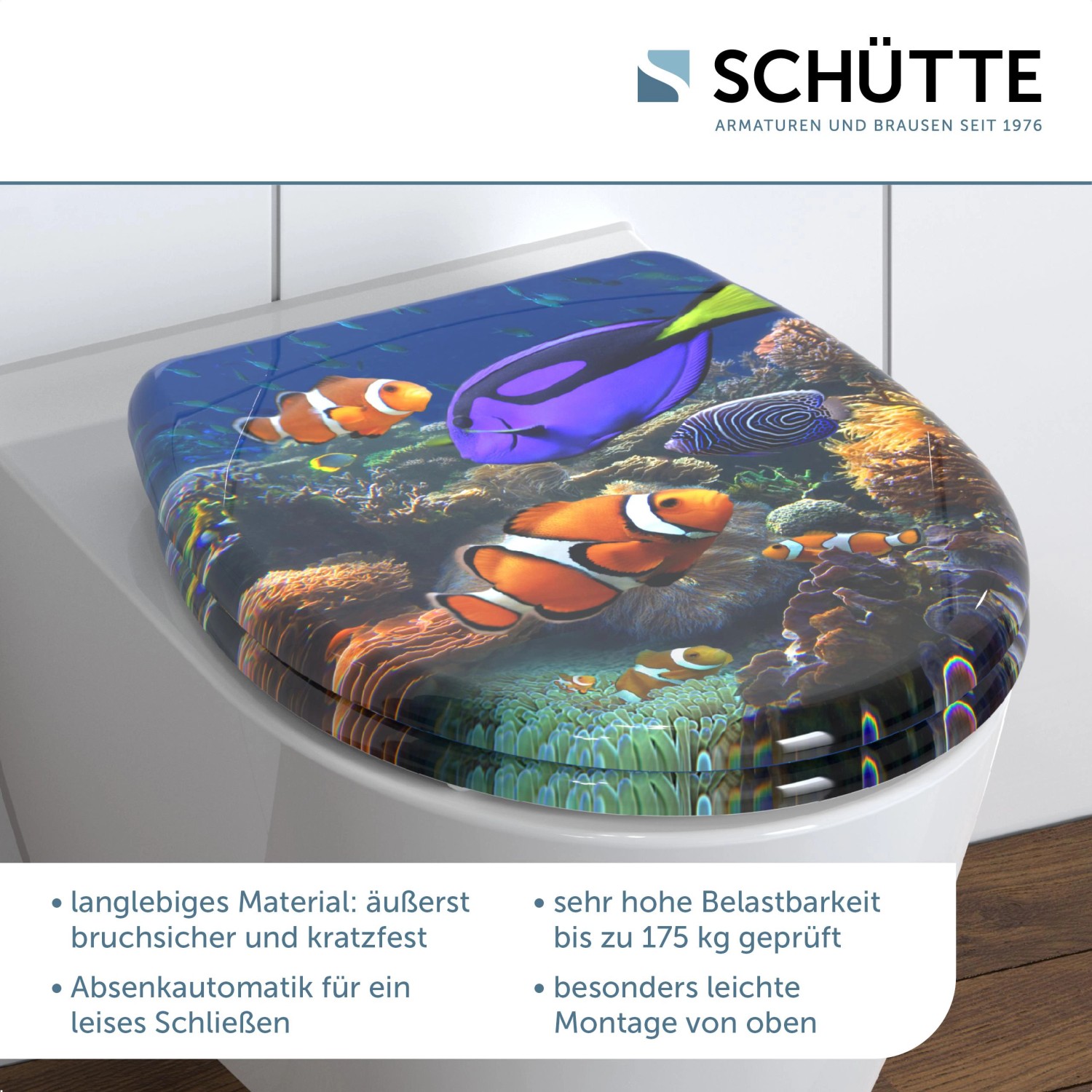 Schütte WC-Sitz Sea Life mit Absenkautomatik und Fischmotiv auf weißer Toilette.