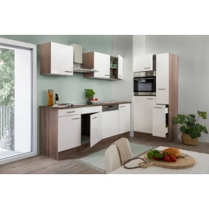 Respekta Küchenzeile KB310EYW, 310 cm, Weiß Seidenglanz/Eiche York Nachbildung, mit E-Geräten.