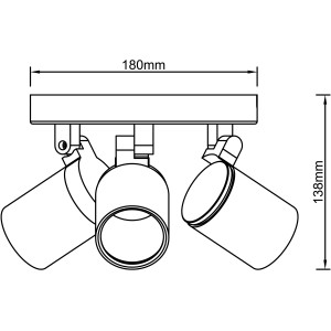 Technische Zeichnung: Schwarzer, matter 3-flammiger Deckenstrahler Alessia mit Maßen.