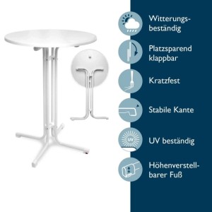 Weißer Beautissu Bellini Stehtisch (Ø 80cm) mit Stella Stehtischhusse, klappbar und wetterfest.