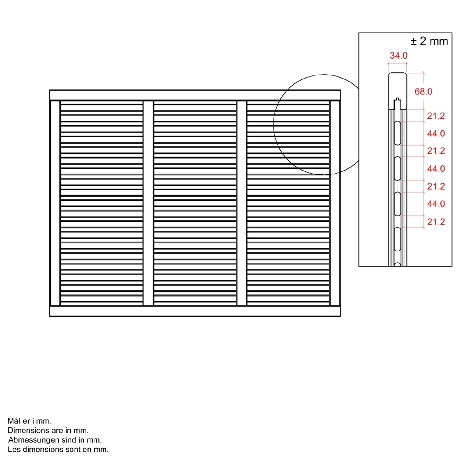 Technische Zeichnung eines Sichtschutzzauns Harmoni aus Nadelholz in Umbragrau mit Maßangaben.