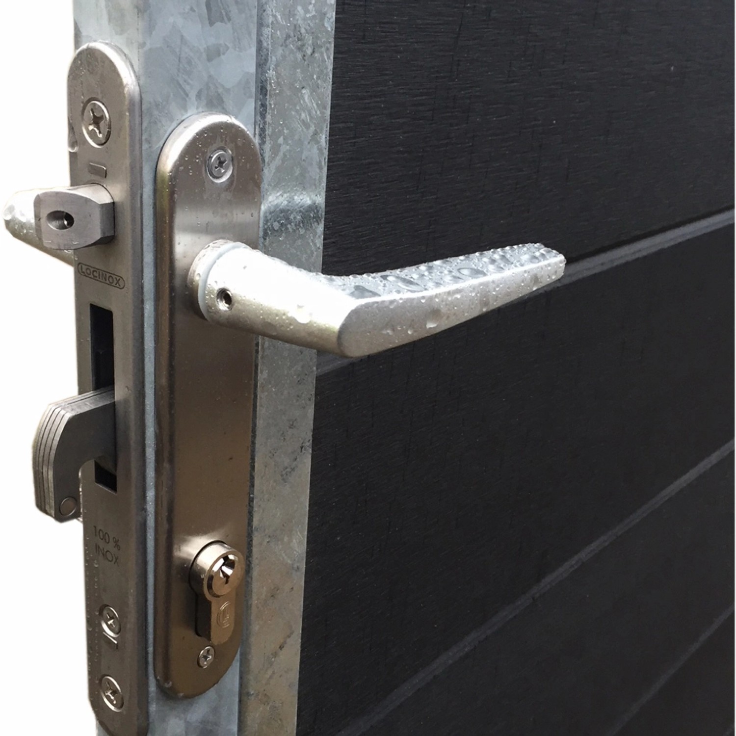 Detailaufnahme: Artura WPC Gartentor in Schiefergrau mit verzinktem Pfosten und Griff.